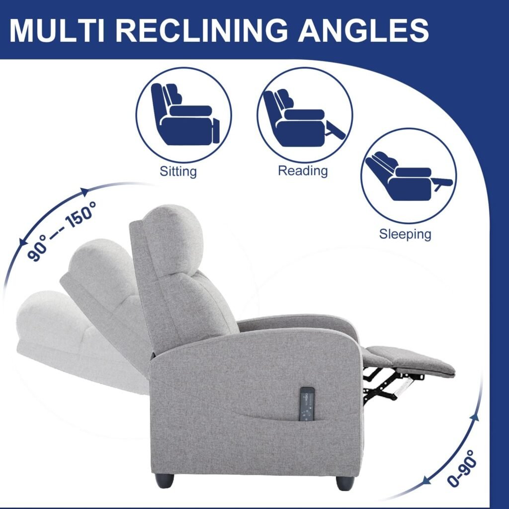 Massage Classic Adjustable Single Sofa Push Back Reclining Chair Fabric Seat Cushion and Backrest with Comfy Arms for Living Room, Grey