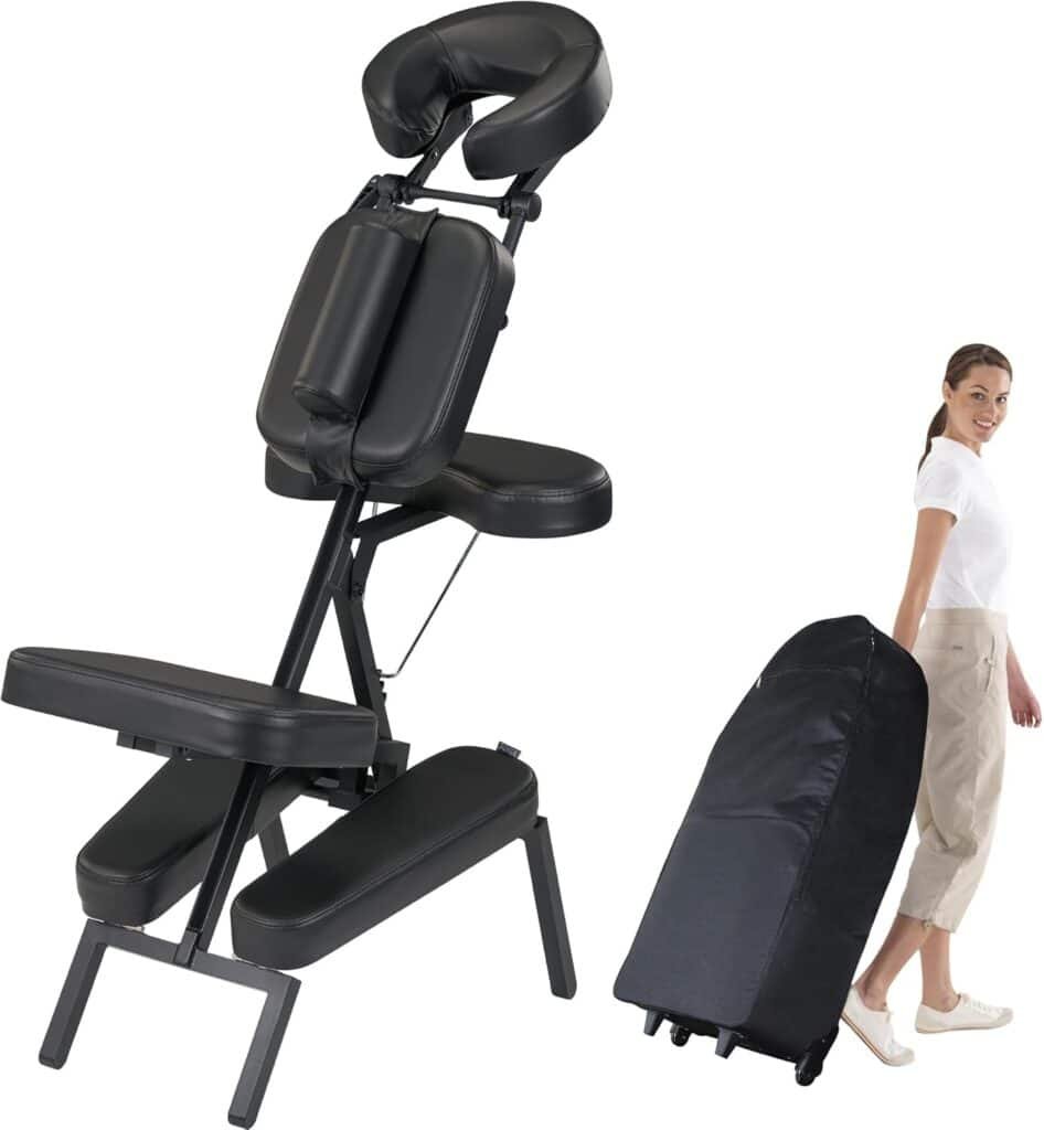 Master Massage Apollo Extra Large Size Portable Massage Chair-Lightweight Aluminum Tattoo Foldable-Sitting Posture Folding Massage Chair-with Larger Cushions and Wheels Bag-in Black