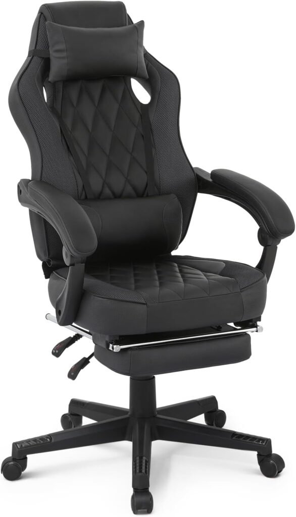 MoNiBloom Ergonomic Gaming Chair Adjustable Height Ergonomic Racing Chair Carbon Fiber Leather High Back Video Game Chair with Footrest and Lumbar Support for Adult Teen Home Bedroom Gaming, Black
