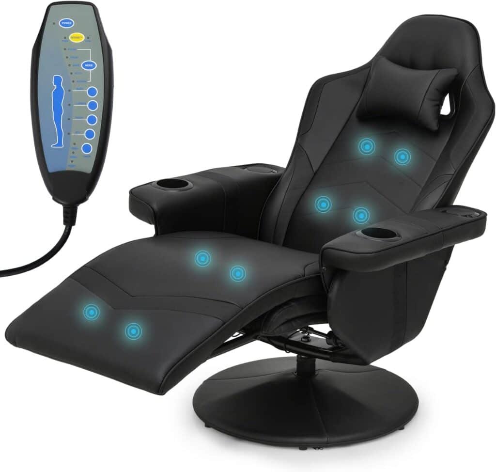 MoNiBloom Massage Gaming Chair with Speakers Video Game Chair Single Bedroom Sofa Recliner High-Back Comfy Gaming Couch with Footrest and Storage Bag Swivel Home Theater Seating with Cupholder, Black