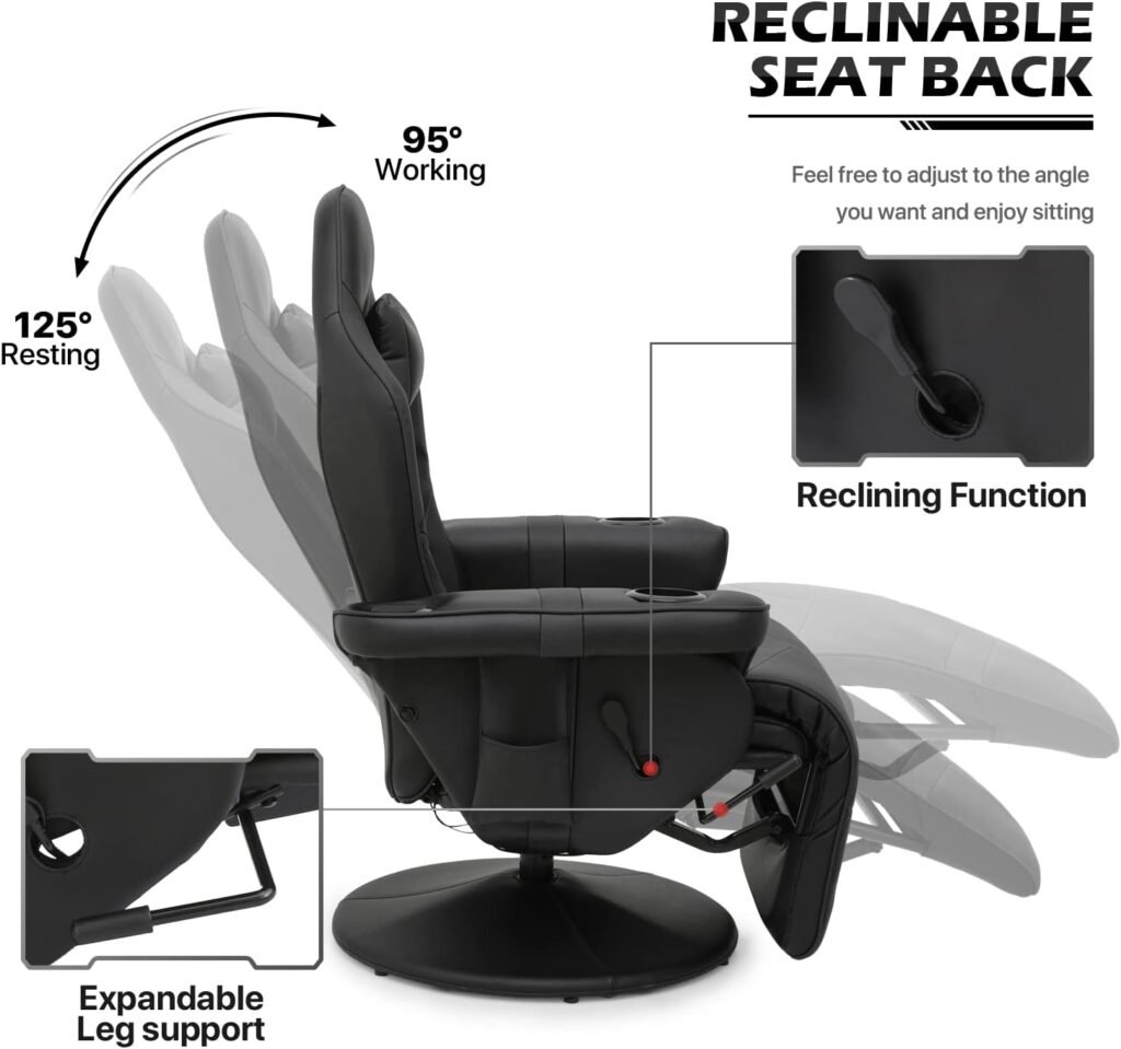 MoNiBloom Massage Gaming Chair with Speakers Video Game Chair Single Bedroom Sofa Recliner High-Back Comfy Gaming Couch with Footrest and Storage Bag Swivel Home Theater Seating with Cupholder, Black