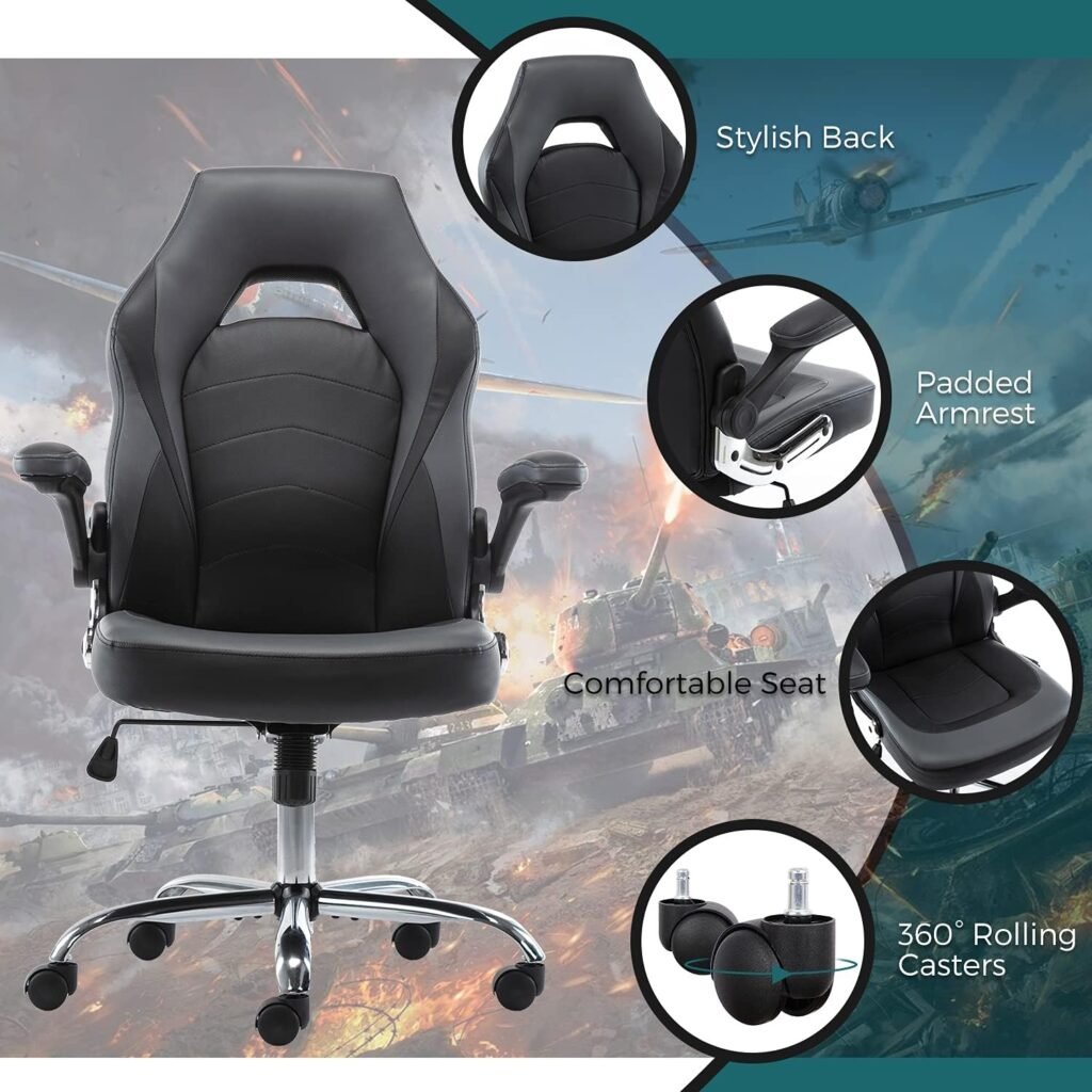 Office Chair, Gaming Chair Ergonomic Desk Chair Computer Chair PU Leather Executive Swivel Chair with Flip-up Armrests and Lumbar Support for Working, Studying, Gaming, Grey