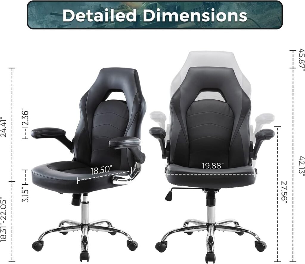 Office Chair, Gaming Chair Ergonomic Desk Chair Computer Chair PU Leather Executive Swivel Chair with Flip-up Armrests and Lumbar Support for Working, Studying, Gaming, Grey