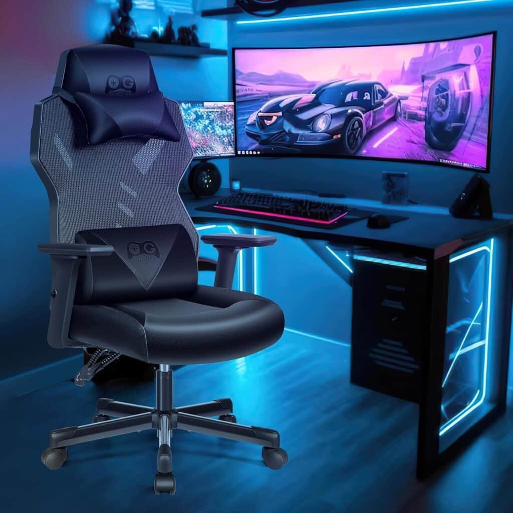 OneGame Video Gaming Chair, Breathable Computer Racing Style Swivel Chair Adjustable Backrest Ergonomic PC with Lumbar Support, Whiteblue