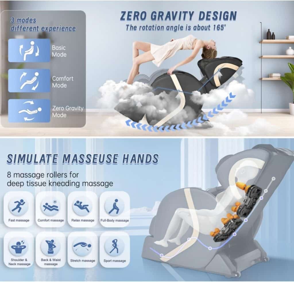 Portable Zero Gravity Massage Chair,Full Body Airbag Pressure, Heat and Foot Roller Included 8D Home Massage Recliner Chair(Black)
