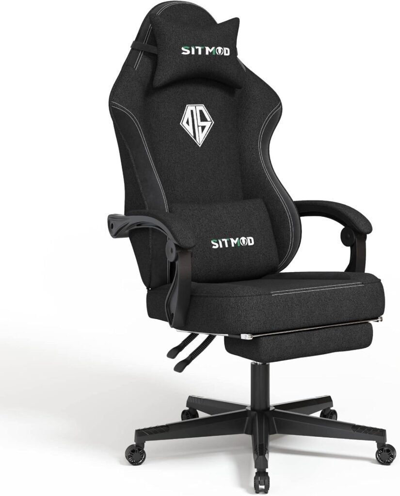 SITMOD Gaming Chairs for Adults with Footrest-PC Computer Ergonomic Video Game Chair-Backrest and Seat Height Adjustable Swivel Task Chair with Headrest and Lumbar Support(Black)-Fabric