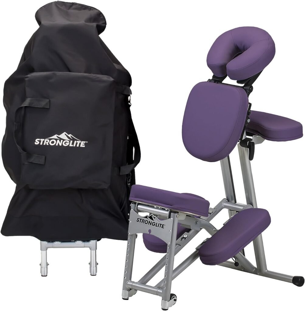 STRONGLITE Portable Massage Chair Ergo Pro II - Ultra-Strong, Lightweight, Foldable with Wheels  Carry Case (600lbs Working Weight), Purple