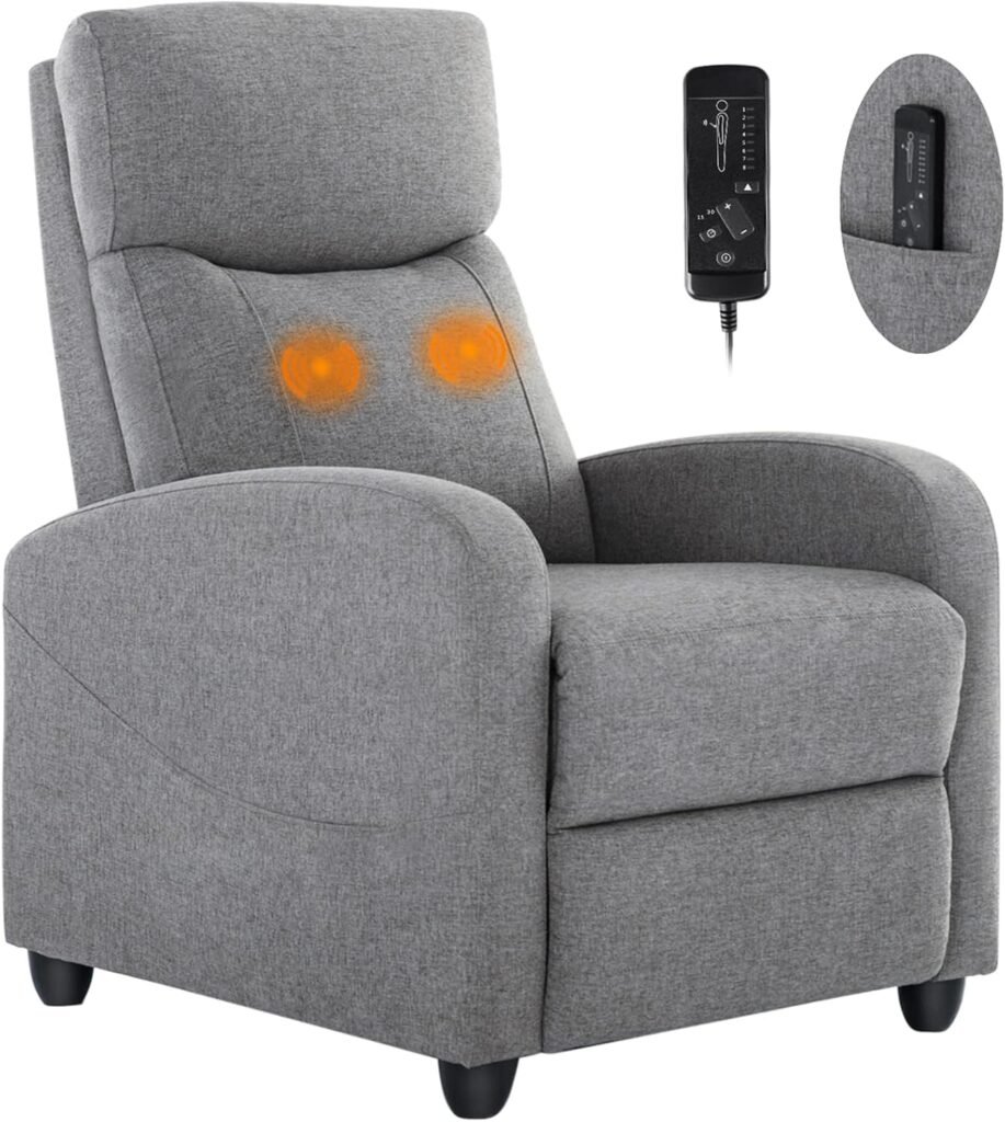 Sweetcrispy Adults Massage Fabric Small Sofa Home Theater Lumbar Support, Adjustable Modern Reclining Chair with Padded Seat Backrest for Living Room (Light Grey)