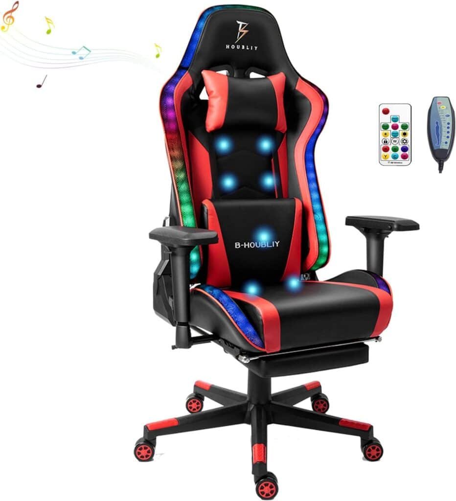 TBQATNTS 7-Point Massage Gaming Chair, Video Gaming Chair with Speakers and LED/RGB Lights, Ergonomic Computer Chair with Footrest and Lumbar Support, 180 Degree Tilt High Back Office Chair.,Black
