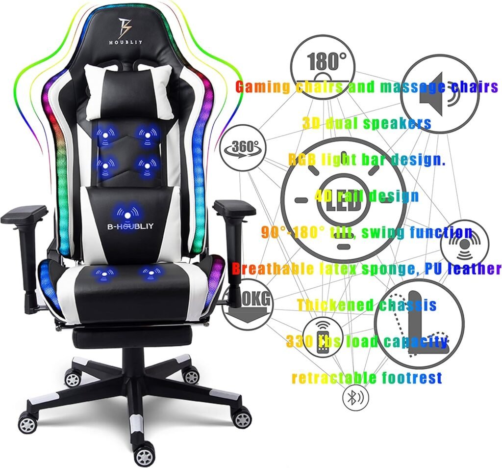 TBQATNTS 7-Point Massage Gaming Chair, Video Gaming Chair with Speakers and LED/RGB Lights, Ergonomic Computer Chair with Footrest and Lumbar Support, 180 Degree Tilt High Back Office Chair.,Black