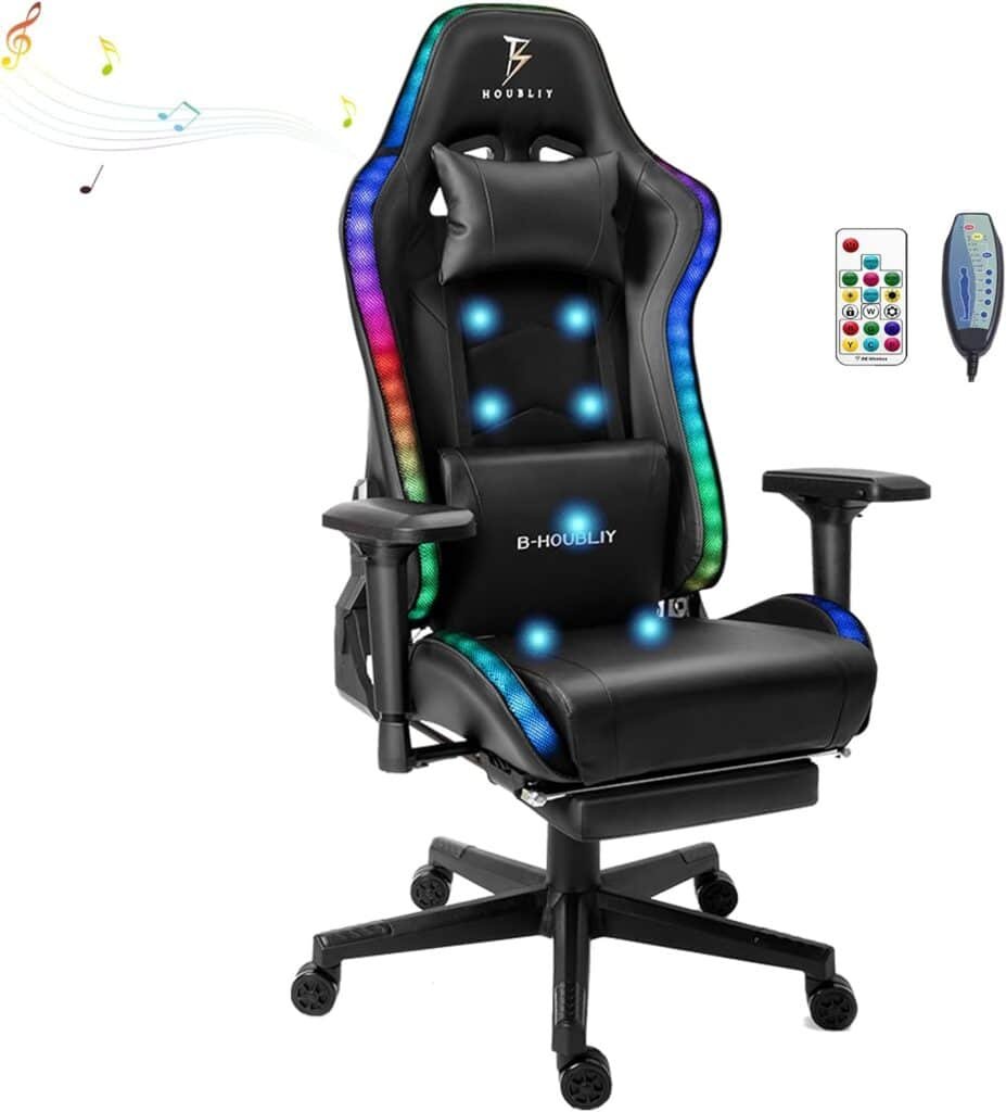 TBQATNTS 7-Point Massage Gaming Chair, Video Gaming Chair with Speakers and LED/RGB Lights, Ergonomic Computer Chair with Footrest and Lumbar Support, 180 Degree Tilt High Back Office Chair.,Black