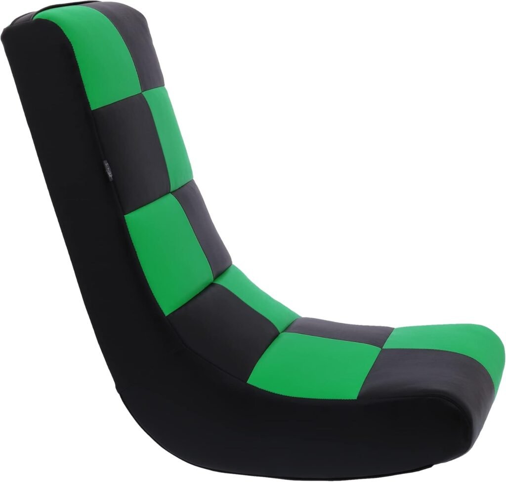 The Crew Furniture Classic Video Rocker Floor Gaming Chair, Kids and Teens, Racing Stripe PU Faux Leather  Polyester Mesh, Black/Green