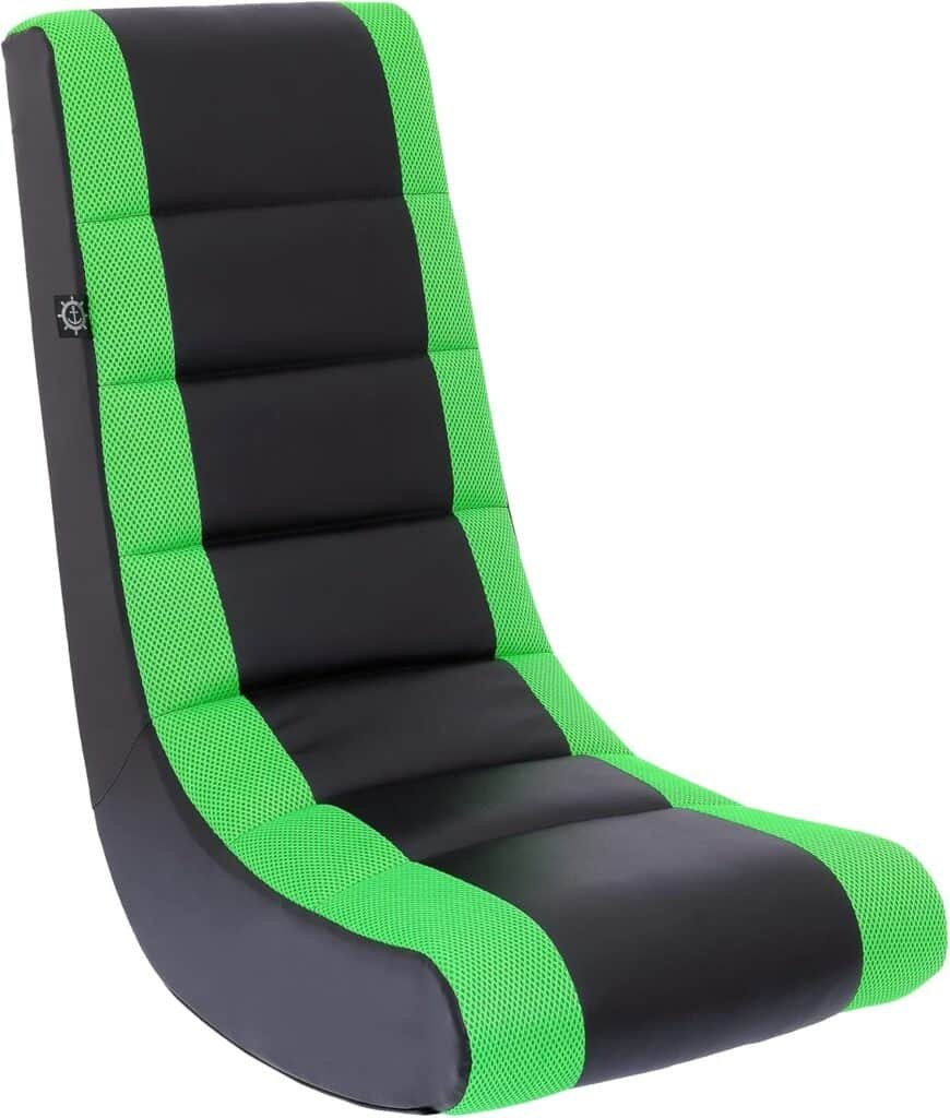 The Crew Furniture Classic Video Rocker Floor Gaming Chair, Kids and Teens, Racing Stripe PU Faux Leather  Polyester Mesh, Black/Green