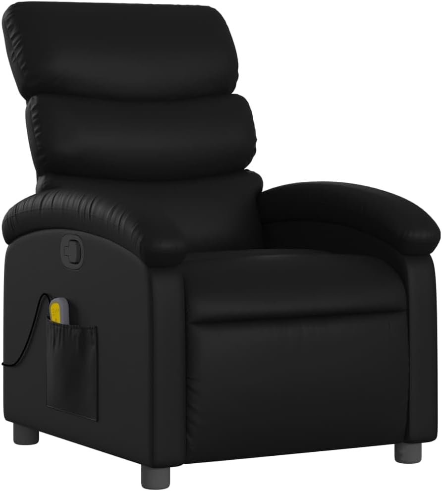 vidaXL Massage Recliner Chair-Black Faux Leather Manual Reclining Armchair with Vibration, Side Pocket and Adjustable Comfort