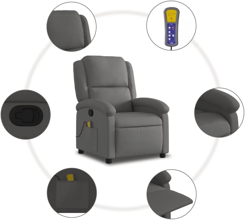 vidaXL Massage Recliner Chair for Elderly - Gray Real Leather, Manual Recline, Vibration Massage, Side Pocket, Sturdy Frame, Comfortable Armchair for Living Room/Bedroom