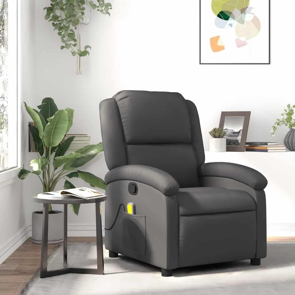 vidaXL Massage Recliner Chair for Elderly - Gray Real Leather, Manual Recline, Vibration Massage, Side Pocket, Sturdy Frame, Comfortable Armchair for Living Room/Bedroom