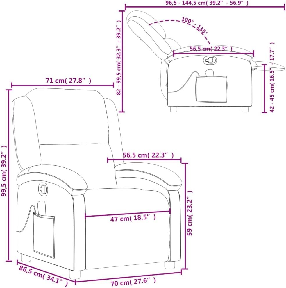 vidaXL Massage Recliner Chair for Elderly - Gray Real Leather, Manual Recline, Vibration Massage, Side Pocket, Sturdy Frame, Comfortable Armchair for Living Room/Bedroom
