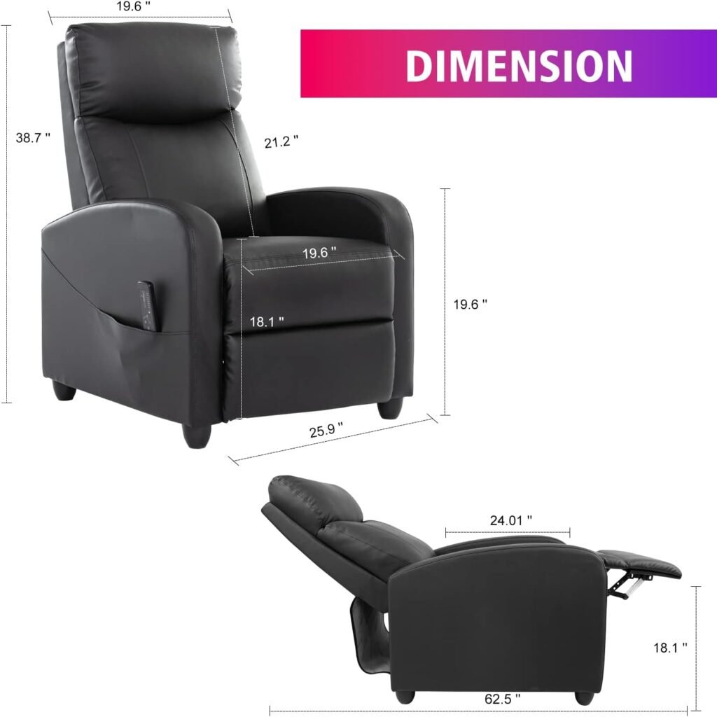 Zanzio Massage Modern Adjustable Heated Recliner Home Theater Single Sofa Chair Lounge with Padded Seat, Grey, Black