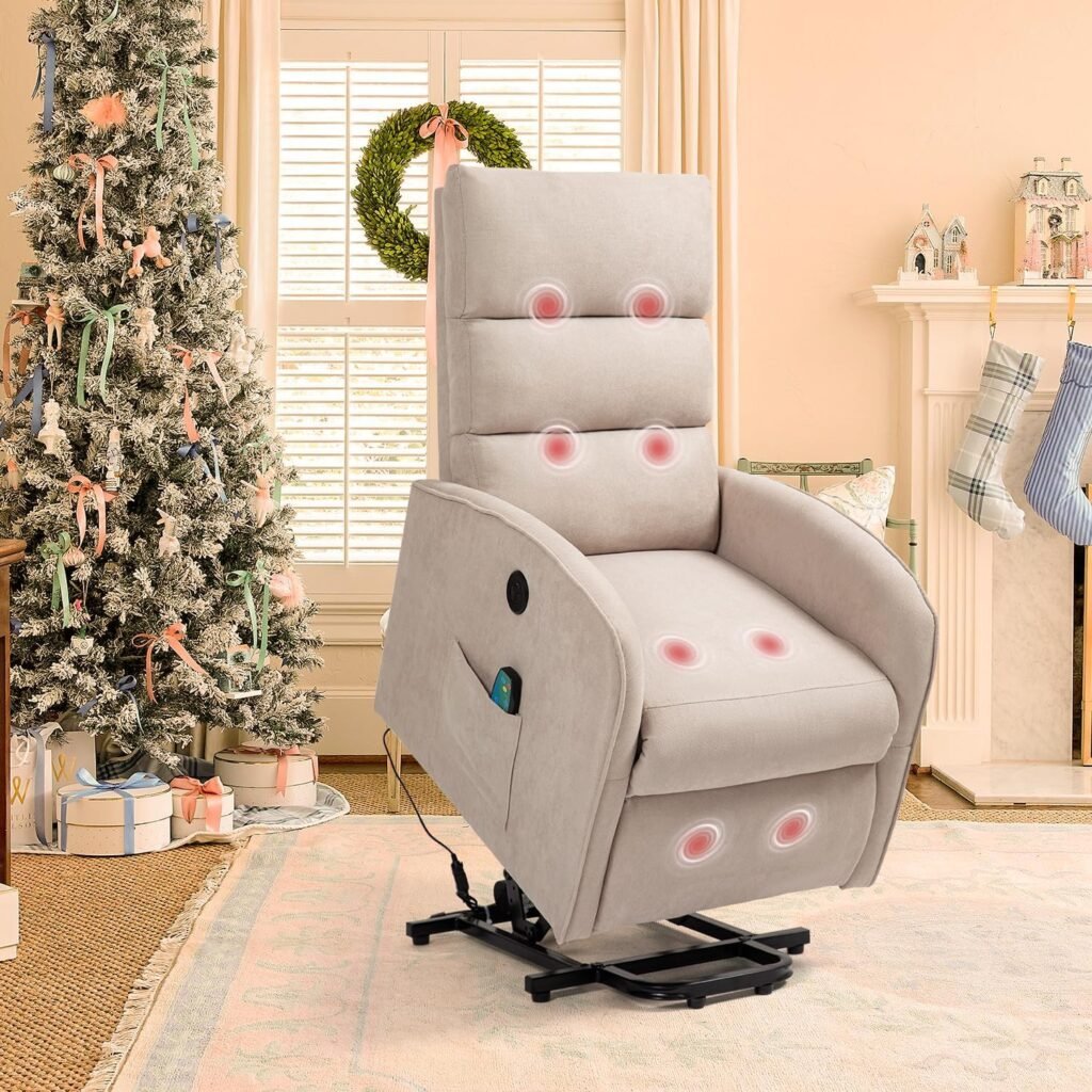 AVAWING Power Lift Massage Chair, Lift Recliner Chairs for Elderly, Electric Recliner W/Heat  Vibration, Linen Fabric Lift Chair with Side Pocket  USB Port for Living Room, Bedroom, Khaki