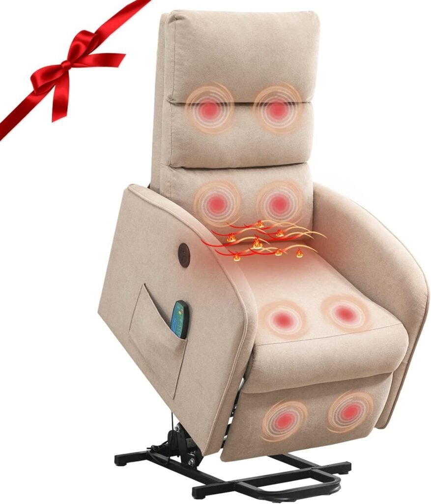 AVAWING Power Lift Massage Chair, Lift Recliner Chairs for Elderly, Electric Recliner W/Heat  Vibration, Linen Fabric Lift Chair with Side Pocket  USB Port for Living Room, Bedroom, Khaki