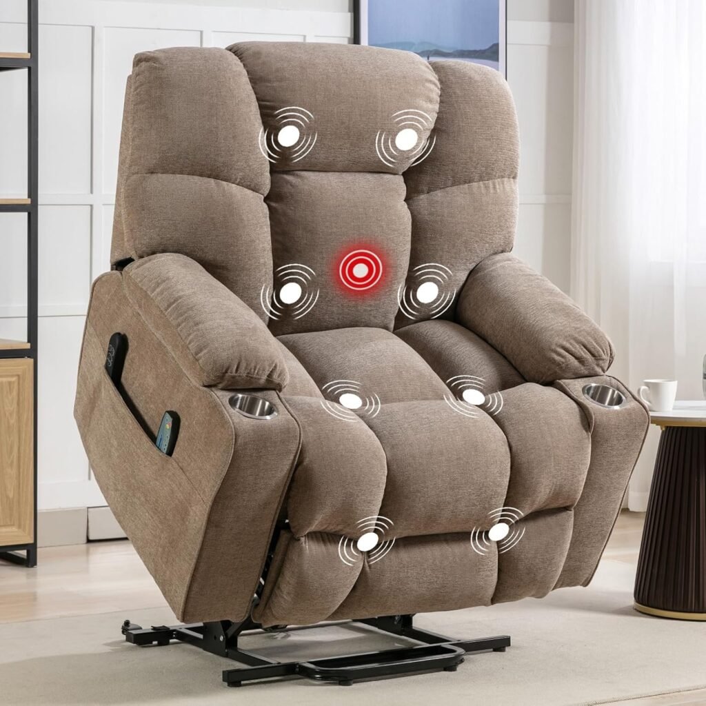CANMOV Dual Motor Large Power Lift Recliner Chair for Elderly with Massage and Heat, Oversized Lay Flat Sleeper Electric Recliner, Heavy Duty Reclining Chairs with USB, Side Pocket, Cup Holders, Brown