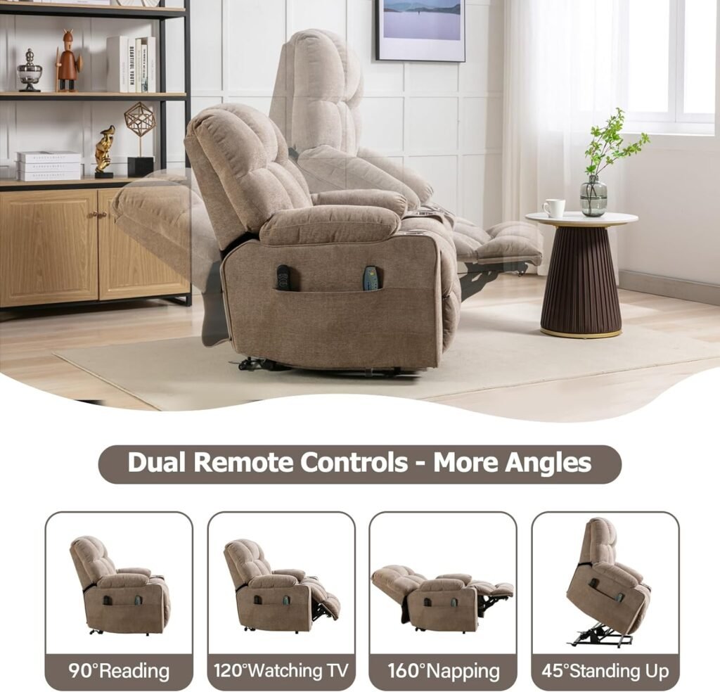 CANMOV Dual Motor Large Power Lift Recliner Chair for Elderly with Massage and Heat, Oversized Lay Flat Sleeper Electric Recliner, Heavy Duty Reclining Chairs with USB, Side Pocket, Cup Holders, Brown