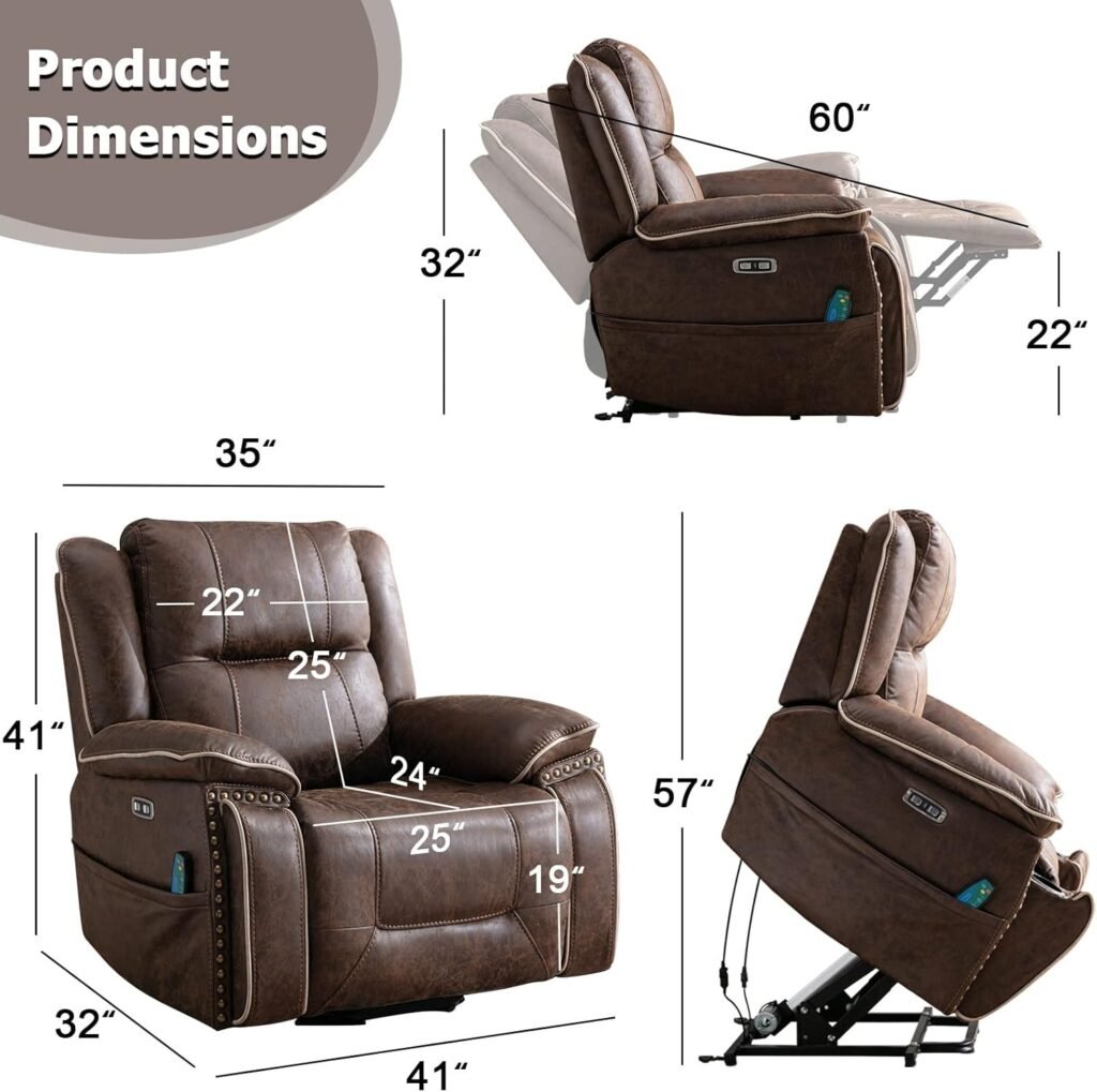 CANMOV Dual Motor Large Power Lift Recliner Chairs with Massage and Heat for Elderly Big People, Electric Faux Leather Recliner with Adjustable Headrest, 2 Concealed Cup Holders, USB Ports, Nut Brown