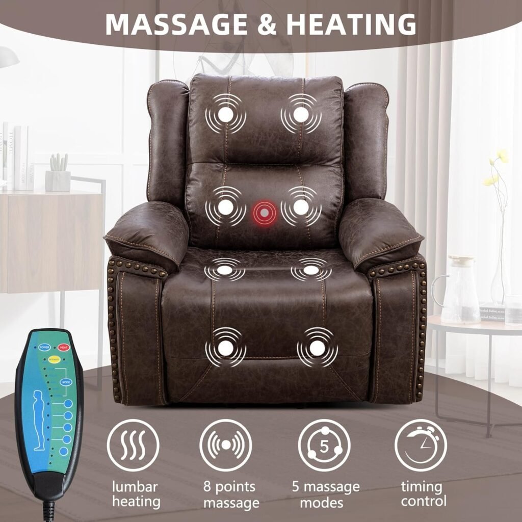 CANMOV Dual Motor Large Power Lift Recliner Chairs with Massage and Heat for Elderly Big People, Electric Faux Leather Recliner with Adjustable Headrest, 2 Concealed Cup Holders, USB Ports, Nut Brown
