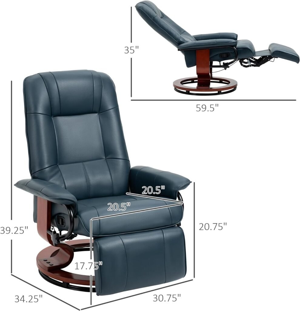 HOMCOM Faux Leather Manual Recliner, Adjustable Swivel Lounge Chair with Footrest, Armrest and Wrapped Wood Base for Living Room, Gray