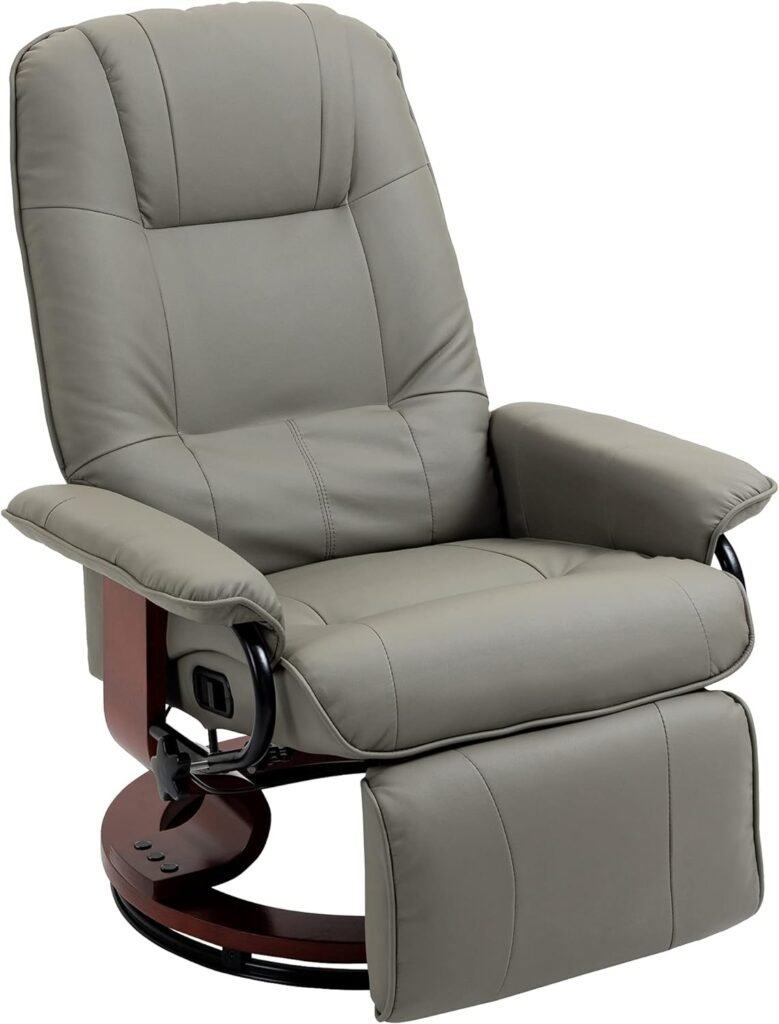 HOMCOM Faux Leather Manual Recliner, Adjustable Swivel Lounge Chair with Footrest, Armrest and Wrapped Wood Base for Living Room, Gray