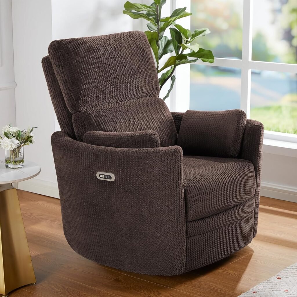Jocisland Power Recliner Nursery Chair for Adults, Swivel Rocking Glider with 4 Massage Points, USB  Type-C Charging Ports, 2 Pillows, Barrel Armchair Single Sofa for Living Room Bedroom, Brown