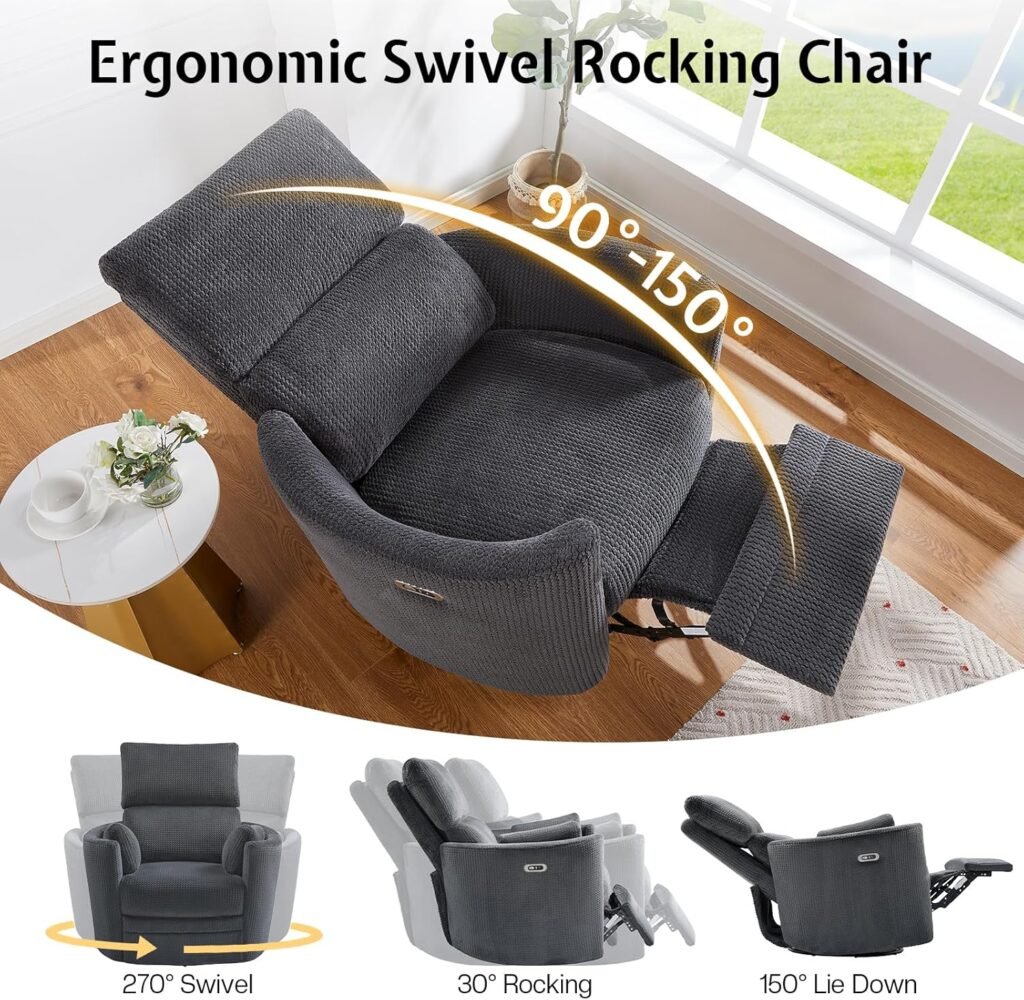 Jocisland Power Recliner Nursery Chair for Adults, Swivel Rocking Glider with 4 Massage Points, USB  Type-C Charging Ports, 2 Pillows, Barrel Armchair Single Sofa for Living Room Bedroom, Brown