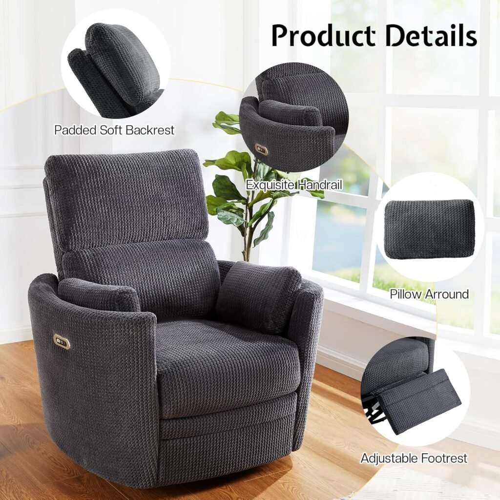 Jocisland Power Recliner Nursery Chair for Adults, Swivel Rocking Glider with 4 Massage Points, USB  Type-C Charging Ports, 2 Pillows, Barrel Armchair Single Sofa for Living Room Bedroom, Brown