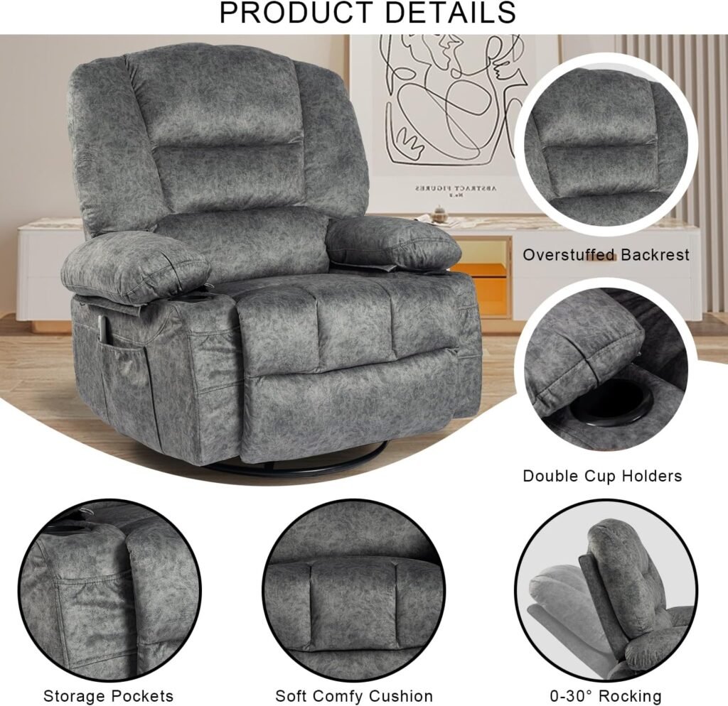 KCQ Electric Massage Recliner Chairs with Heat 270° Power Swivel Rocker Recliners with Cup Holders for Adults, Overstuffed Fabric Rocking Glider Chairs, Living Room Reclining Chair (9089E Grey)
