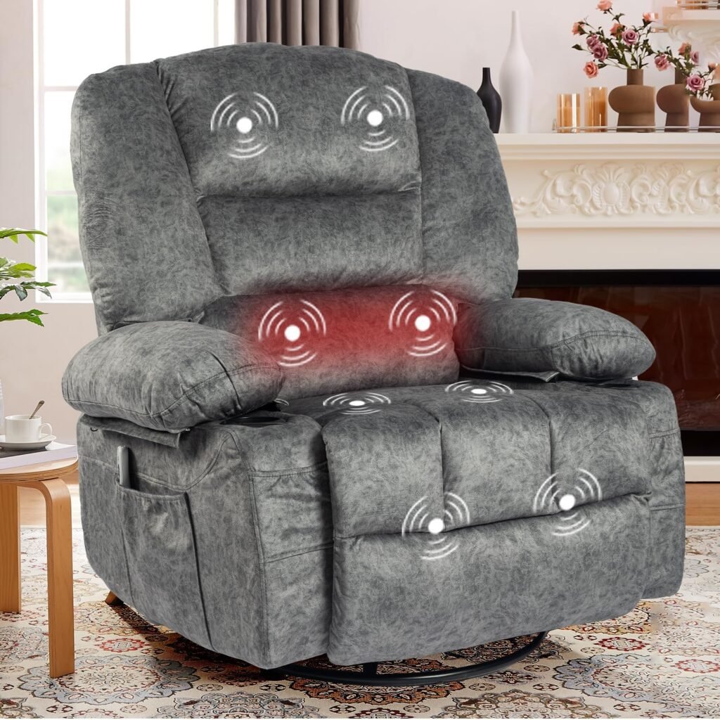 KCQ Electric Massage Recliner Chairs with Heat 270° Power Swivel Rocker Recliners with Cup Holders for Adults, Overstuffed Fabric Rocking Glider Chairs, Living Room Reclining Chair (9089E Grey)