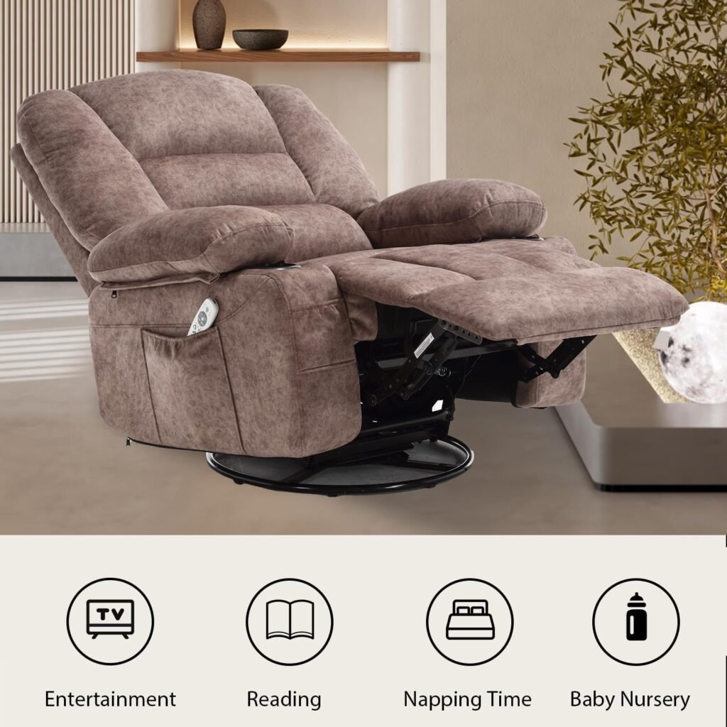 KCQ Electric Massage Recliner Chairs with Heat 270° Power Swivel Rocker Recliners with Cup Holders for Adults, Overstuffed Fabric Rocking Glider Chairs, Living Room Reclining Chair (9089E Grey)