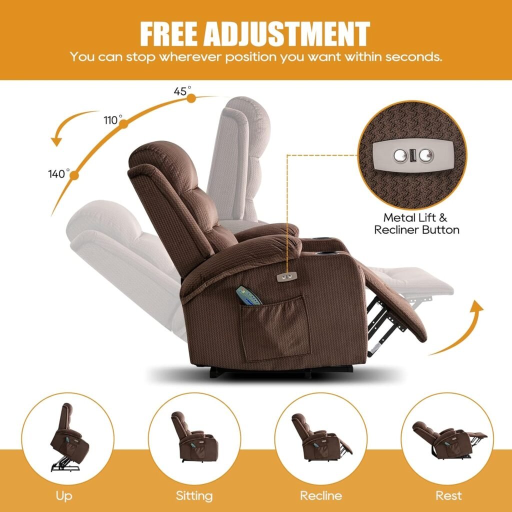 Lift Chair, Power Lift Recliner Chair for Elderly with Massage and Heat, Electric Power Lift Recliner Chair for Living Room with USB Port, 2 Cup Holders, 4 Pockets, Infinite Position