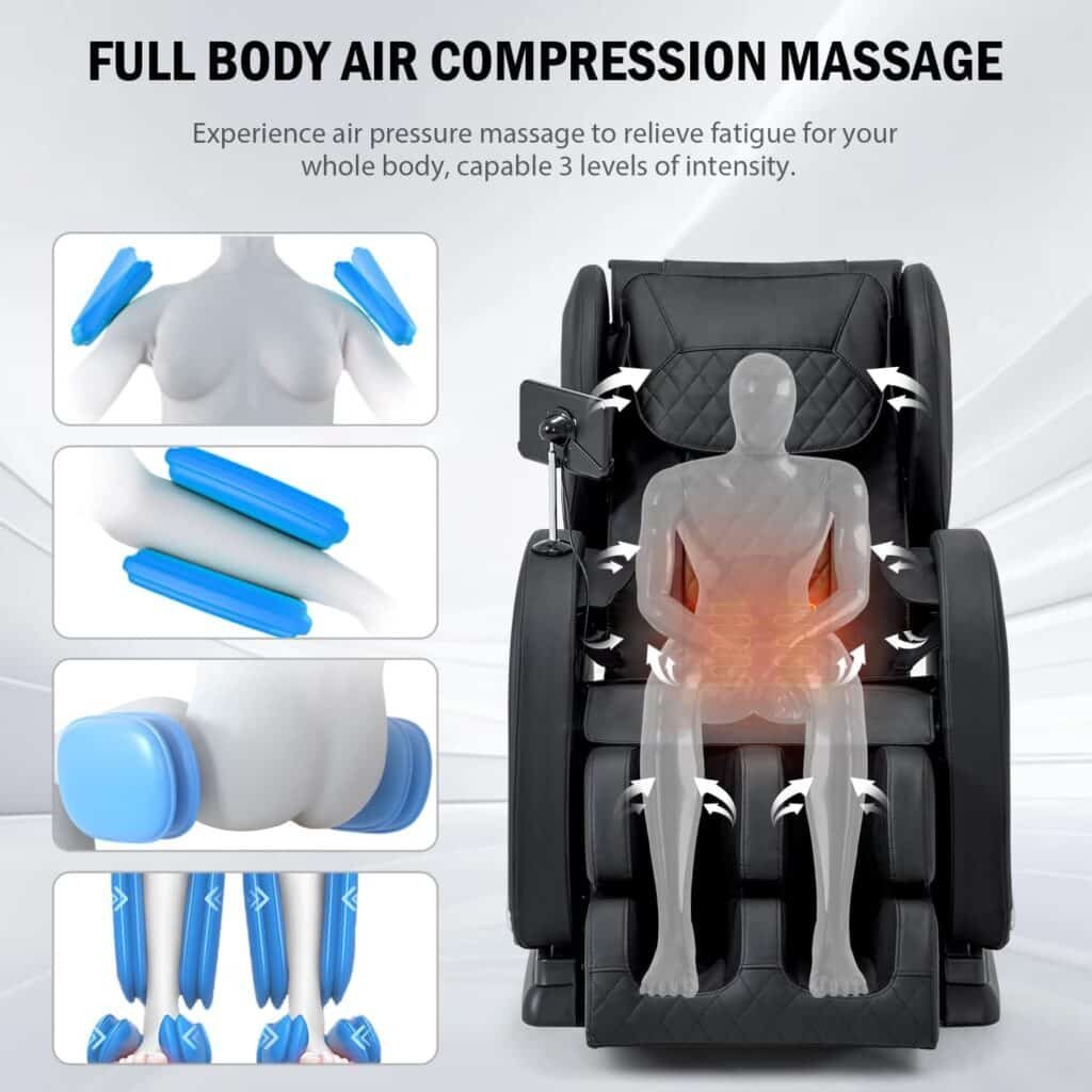 Massage Chair Full Body, Zero Gravity Massage Recliner with Air Compression, 8 Fixed Points Massage Rollers, Heating, Foot Roller, LCD Screen Control, Home Office Use (Black)