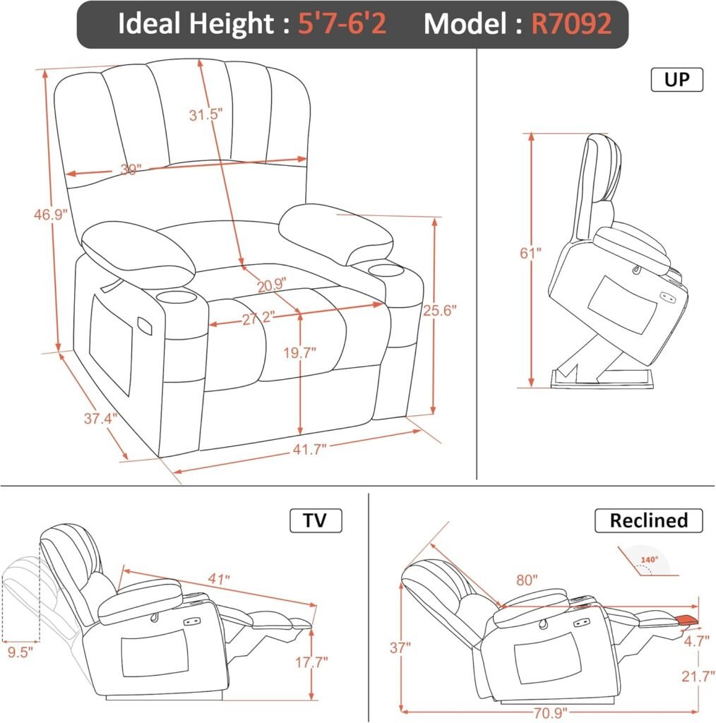 MCombo Power Lift Recliner Chair Sofa with Massage and Heat for Elderly People, USB Ports, Side Pockets, Fabric 7095 (Medium-Regular, Coffee)