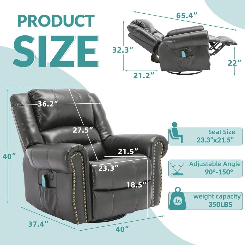 MEETWARM Massage Swivel Rocker Recliner with Heat and Vibration, Manual Glider Rocking Recliner Chair, 360°Swivel Lounge Reclining Chair with Remote Control/USB Ports for Living Room(Dark Brown)