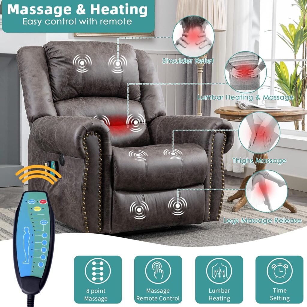 MEETWARM Massage Swivel Rocker Recliner with Heat and Vibration, Manual Glider Rocking Recliner Chair, 360°Swivel Lounge Reclining Chair with Remote Control/USB Ports for Living Room(Dark Brown)