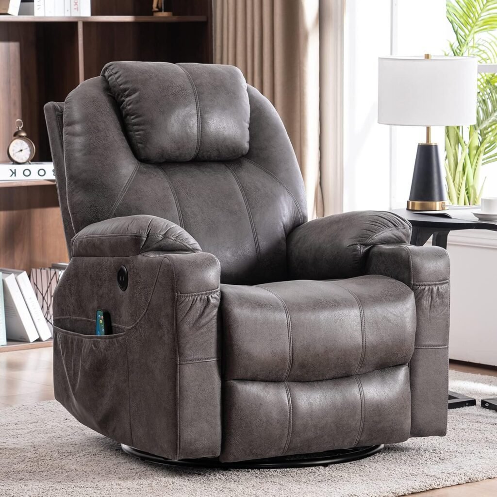 MEETWARM Swivel Rocker Massage Recliner Chair with Heat Ergonomic, Manual Glider Rocking Recliner Chair, 360° Swivel Lounge Reclining Chair with 4 Pockets/Cup Holders/Remote Control/USB Ports (Gray)