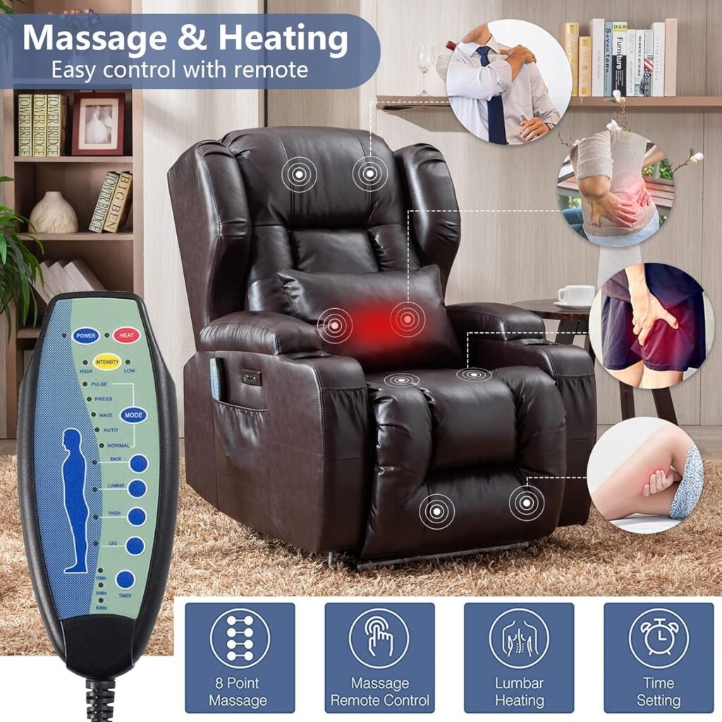 Power Recliner Chair with Heat and Massage, Faux Leather Recliner Sofa Chairs for Living Room Home Theater Seating with Colorful LED Lights/Cup Holders/Side Pocket/USB Port/Infinite Position