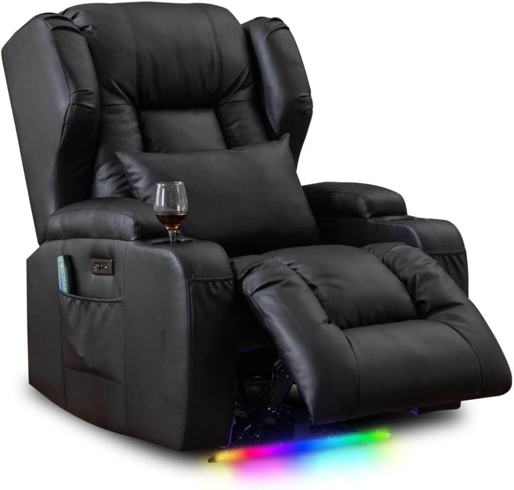 Power Recliner Chair with Heat and Massage, Faux Leather Recliner Sofa Chairs for Living Room Home Theater Seating with Colorful LED Lights/Cup Holders/Side Pocket/USB Port/Infinite Position