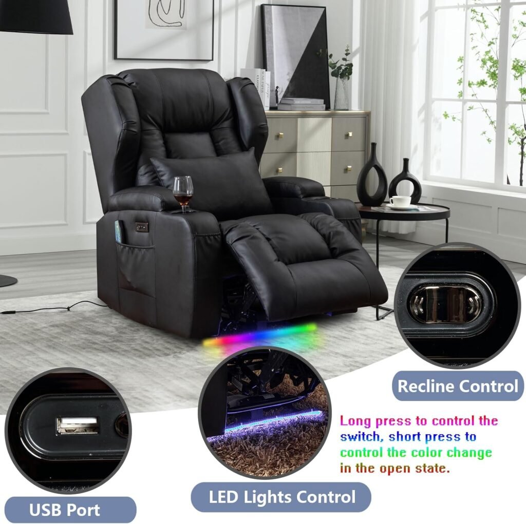 Power Recliner Chair with Heat and Massage, Faux Leather Recliner Sofa Chairs for Living Room Home Theater Seating with Colorful LED Lights/Cup Holders/Side Pocket/USB Port/Infinite Position
