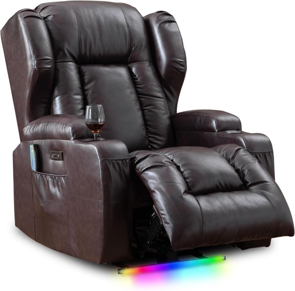 Power Recliner Chair with Heat and Massage, Faux Leather Recliner Sofa Chairs for Living Room Home Theater Seating with Colorful LED Lights/Cup Holders/Side Pocket/USB Port/Infinite Position