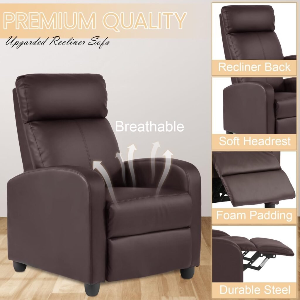 Recliner Chair Breathable Padded PU Leather Massage Single Sofa Recliners for Small Recliner Chair with Footrest Home Theater Seating for Bedroom Living Room,Black