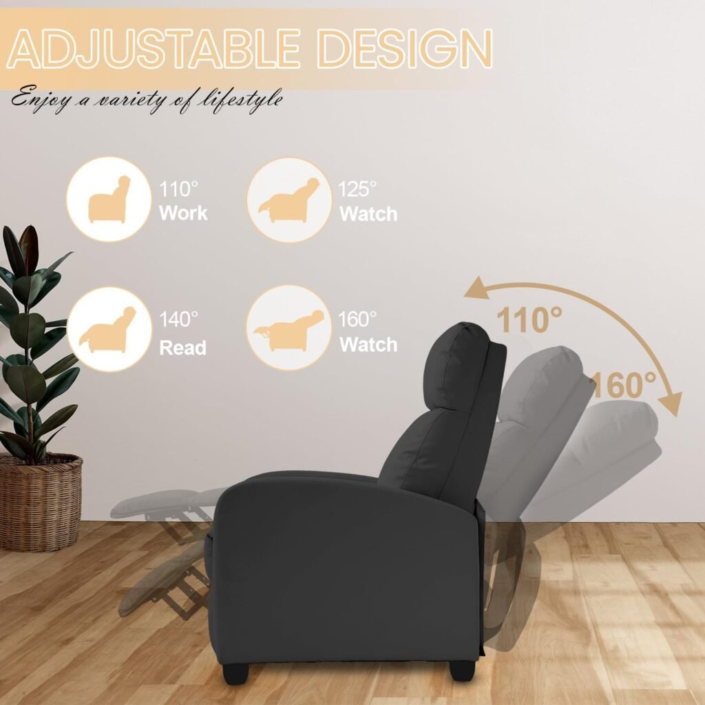 Recliner Chair Breathable Padded PU Leather Massage Single Sofa Recliners for Small Recliner Chair with Footrest Home Theater Seating for Bedroom Living Room,Black