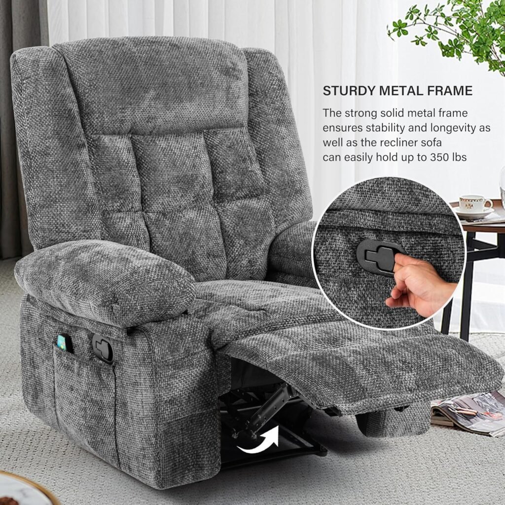 Recliner Chair for Adults with Massage and Heat, Fabric Reclining Chair with Side Pockets, Living Room Single Sofa Chair, Dark Grey Recliner Chair for Adults with Massage and Heat, Fabric Reclining Chair with Side Pockets, Living Room Single Sofa Chair, Dark Grey