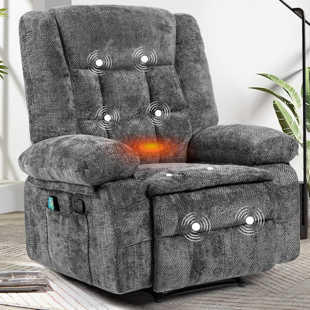 Recliner Chair for Adults with Massage and Heat, Fabric Reclining Chair with Side Pockets, Living Room Single Sofa Chair, Dark Grey Recliner Chair for Adults with Massage and Heat, Fabric Reclining Chair with Side Pockets, Living Room Single Sofa Chair, Dark Grey